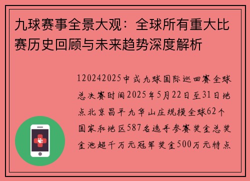 九球赛事全景大观：全球所有重大比赛历史回顾与未来趋势深度解析