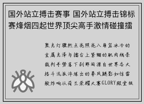 国外站立搏击赛事 国外站立搏击锦标赛烽烟四起世界顶尖高手激情碰撞擂台争霸荣耀之战